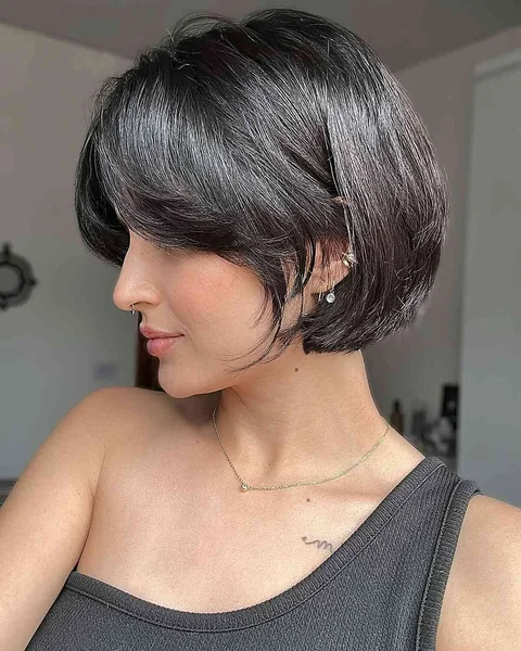 Soft Brunette Layered Bob with Curtain Bangs