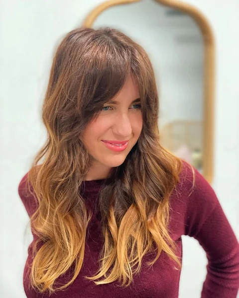 Soft Brunette Long Shag with Golden Balayage
