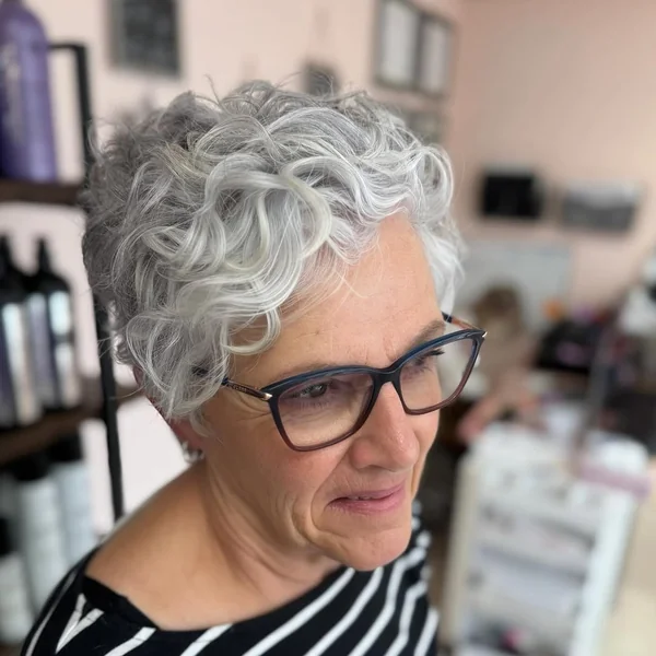 Soft Silver Curly Pixie with Voluminous Ringlets
