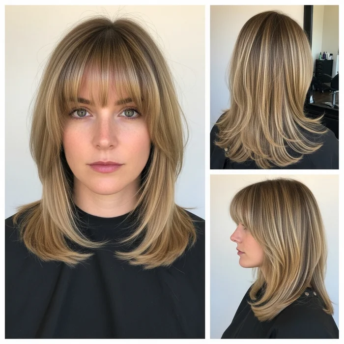 Straight Layered Lob with Highlights and Bangs