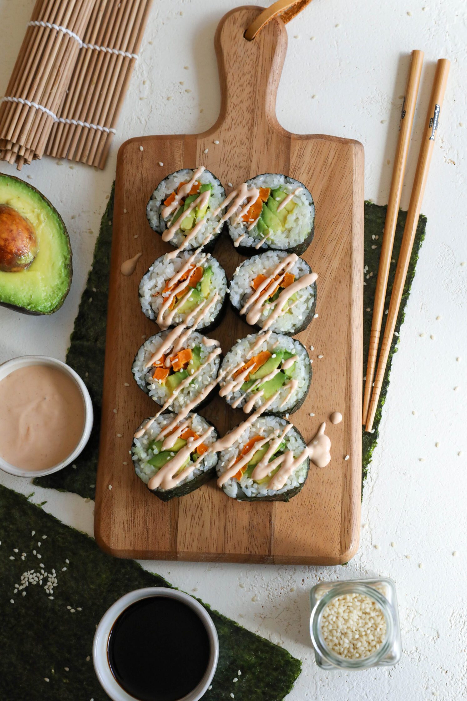 Sweet Potato & Avocado Rolls with Sriracha Tahini - Flora & Vino