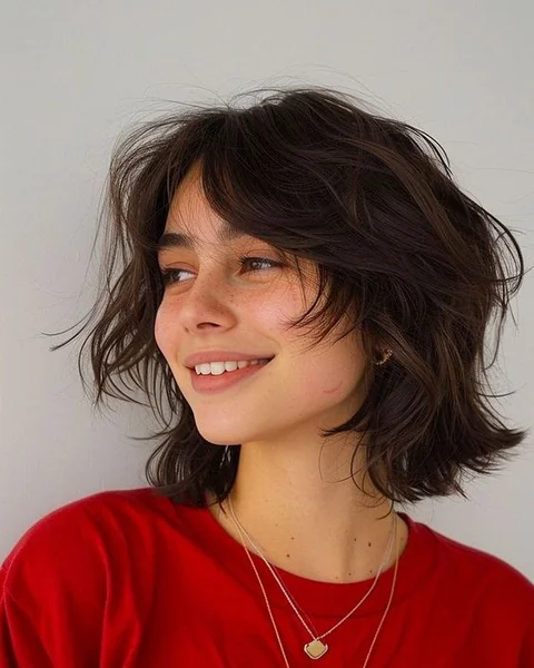 Textured Shaggy Brunette Bob with Feathered Layers