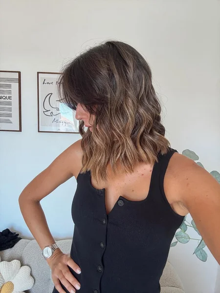Textured Wavy Lob with Soft Brunette Balayage