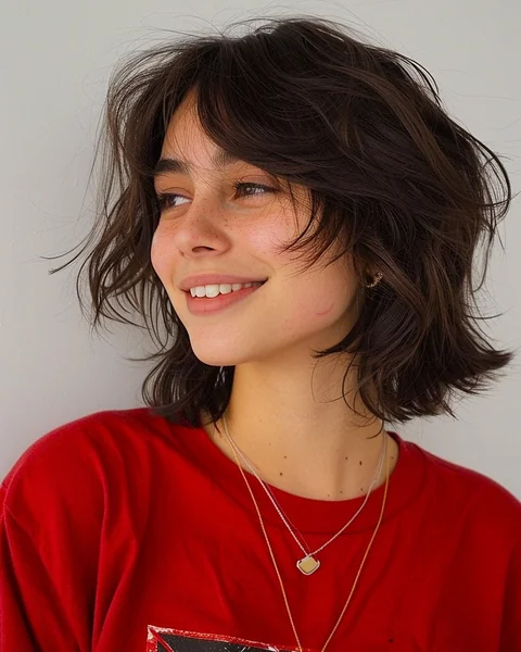 Textured Wavy Shag Bob with Fringe