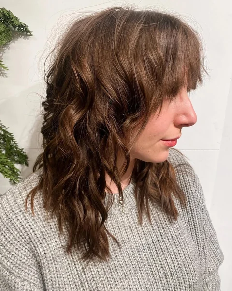 Tousled Chestnut Lob with Textured Bangs