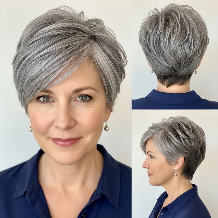 Tousled Side-Parted Gray Pixie
