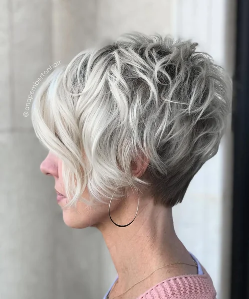 Voluminous Short Wavy Stacked Pixie in Silver