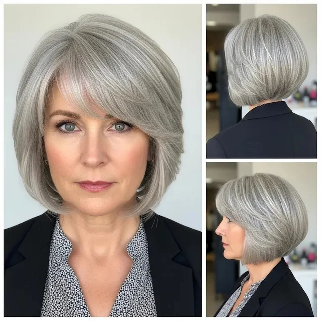 Voluminous Silver Bob with Bangs