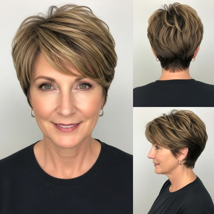 Warm Brown Textured Pixie for Thick Hair