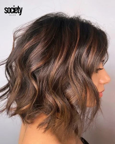 Wavy Chocolate Bob with Caramel Balayage