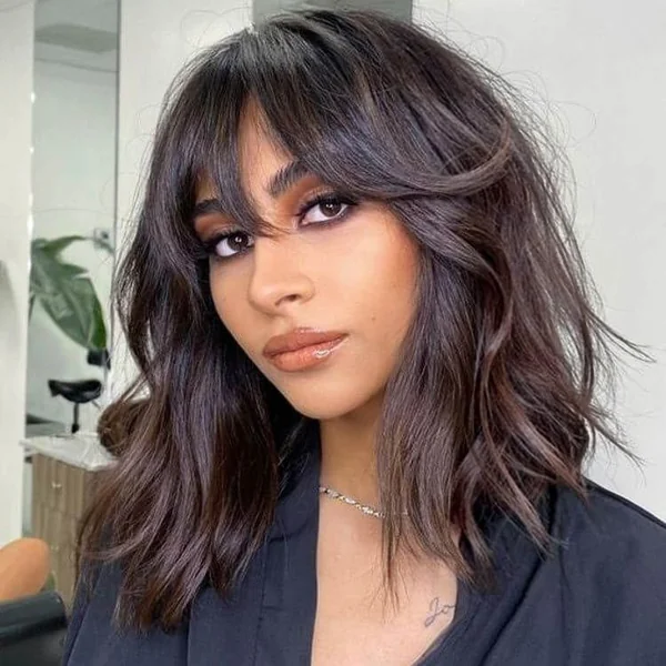 Wavy Dark Lob with Full Fringe and Layers