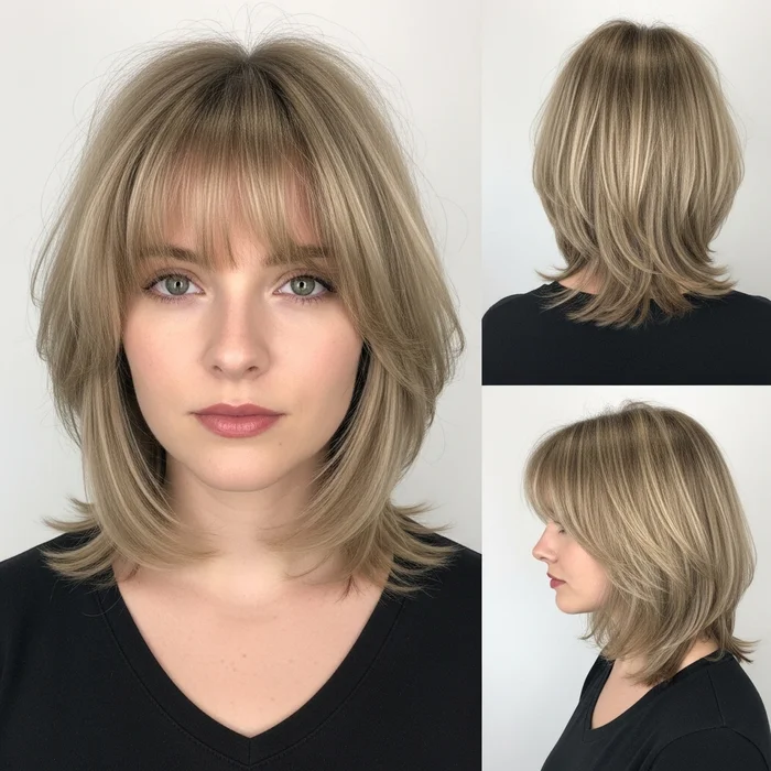 Wispy Layered Angled Bob with Bangs