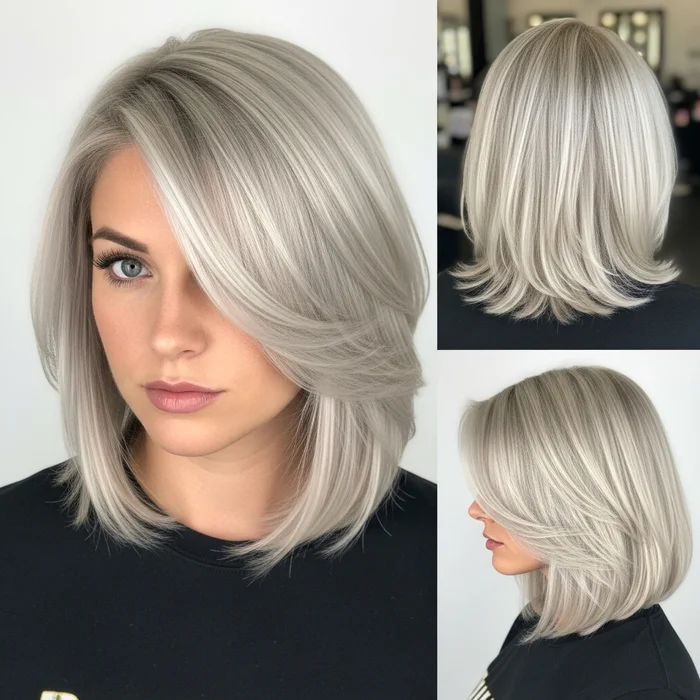 Wispy Platinum Blonde Old Money Bob With Dark Roots