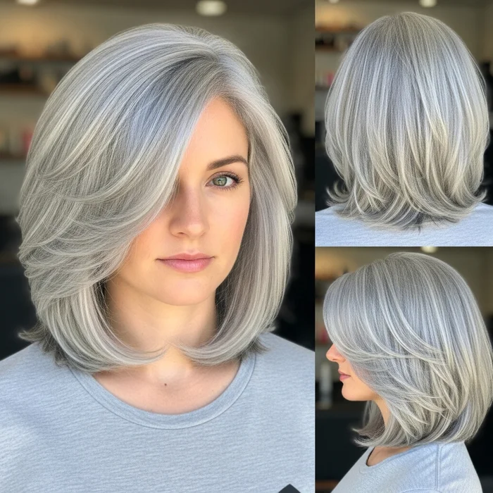 Wispy Silver Feathered Long Bob