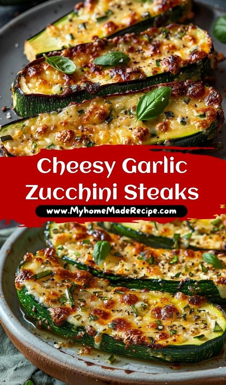 This may contain: cheesy garlic zucchini steaks on a plate