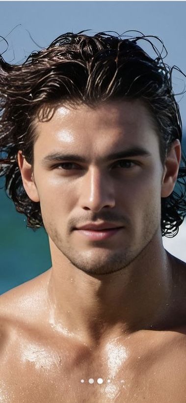 This may contain: a man with wet hair standing in the water