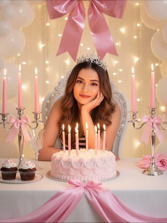 This may contain: a woman sitting in front of a cake with lit candles