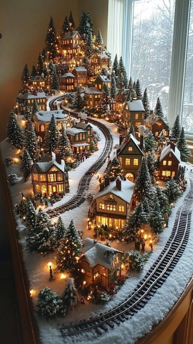 This may contain: a model train set up in the shape of a christmas village with trees and lights