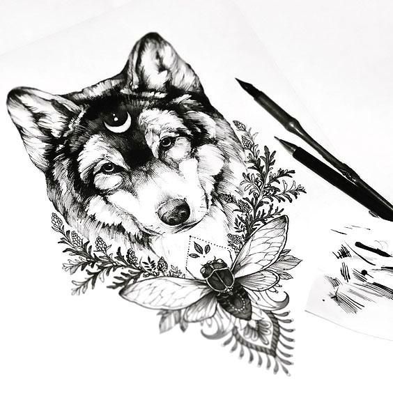 Awesome Wolf Head With Moon and Flowers Tattoo Design