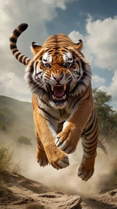 This may contain: a tiger jumping in the air with its mouth open
