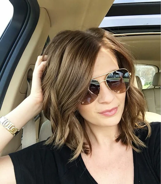 Beachy Brunette Lob with Soft Curtain Bangs