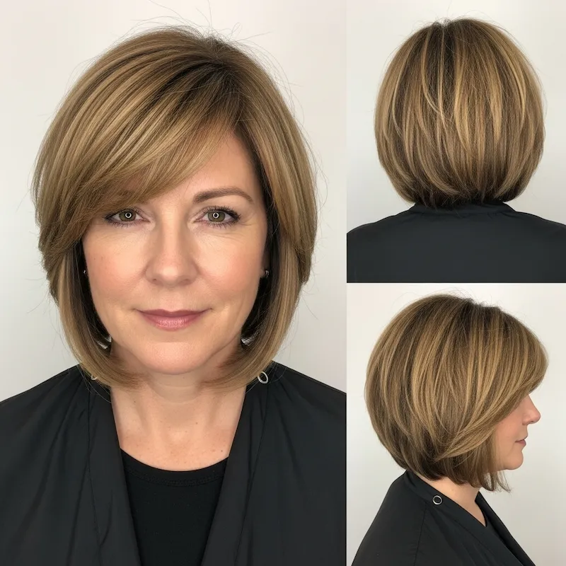 Caramel Highlighted Bob with Side Bangs