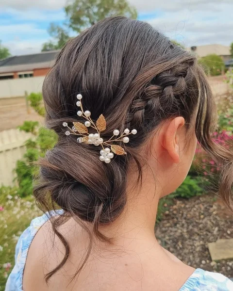 Bohemian Braided Low Bun with Gold and Pearl Pin