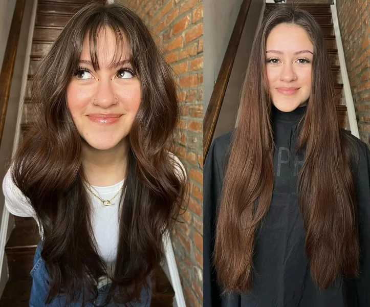 Bombshell Brunette Waves with Sweeping Side-Parted Bangs