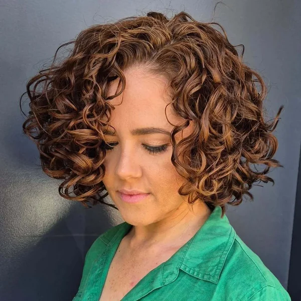 Bouncy Honey-Brown Curly Bob with Side Part