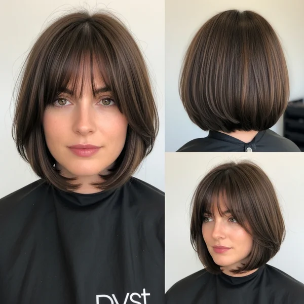 Brown Bob Haircut With Curtain Bangs