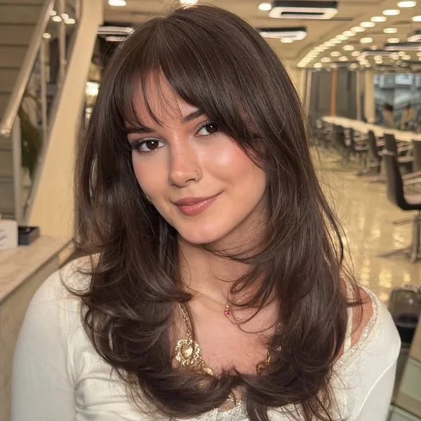 Brunette Butterfly Cut with Wispy See-Through Bangs