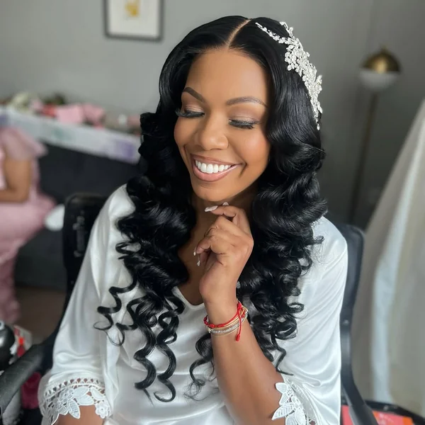 Center-Parted Voluminous Curls with a Sparkling Accent Piece
