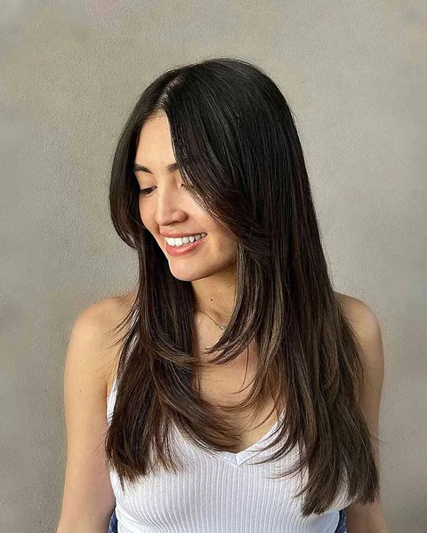 Chic Brunette Layers with Soft Face-Framing Taper