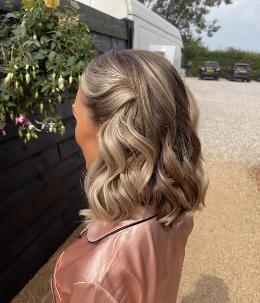 Chic Caramel Bronde Lob with Full Wispy Bangs