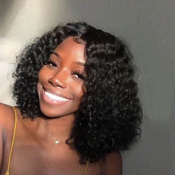 Chic Glossy Curly Bob with Side-Swept Bangs