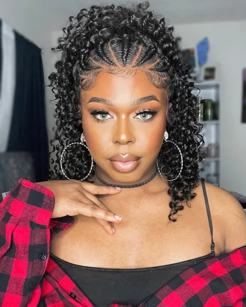 Chic Half-Up Curly Pineapple with Intricate Cornrow Detail