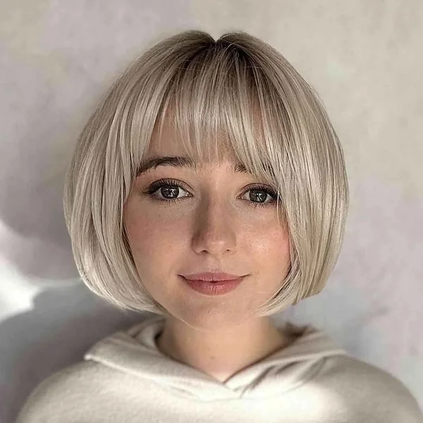 Chic Platinum Rounded Bob with Wispy Fringe