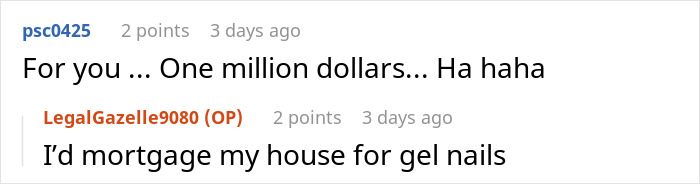 Comments about nail salon prices, with humorous exaggeration. Comments about nail salon prices, with humorous exaggeration.