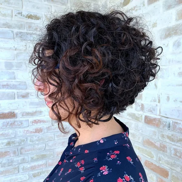 Curly Brunette Stacked Bob with Rich Copper Highlights