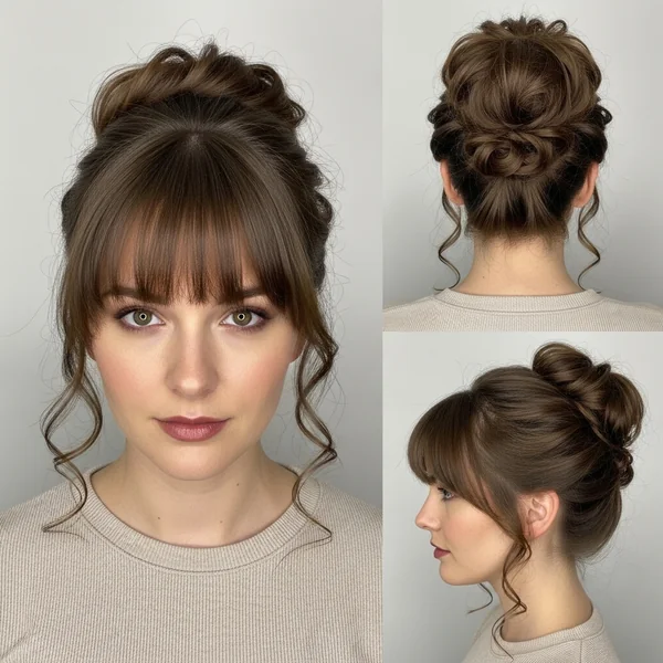 Curly Bun with Bangs