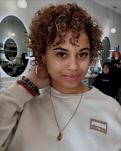 Curly Honey-Brown Long Pixie with Defined Ringlets