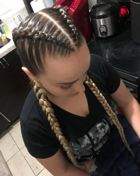 Curved Cornrows into Extra-Long Curly Ponytail
