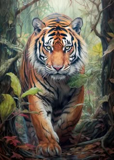 This may contain: a painting of a tiger walking through the woods