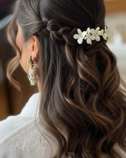 Dark Brunette Half-Up Braid with Fresh Flower Accents