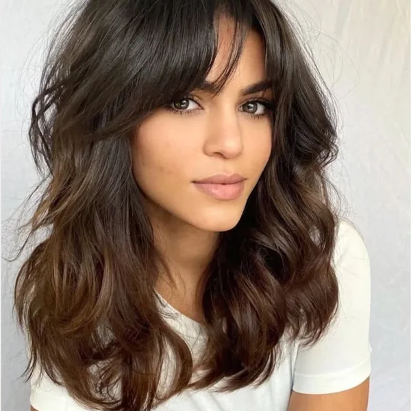Dark Wavy Medium Shag with Full Curtain Bangs