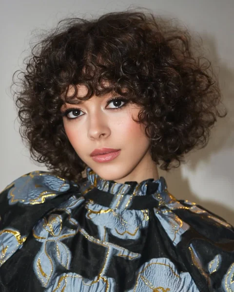 Dark Voluminous Curly Bob with Full Micro-Fringe