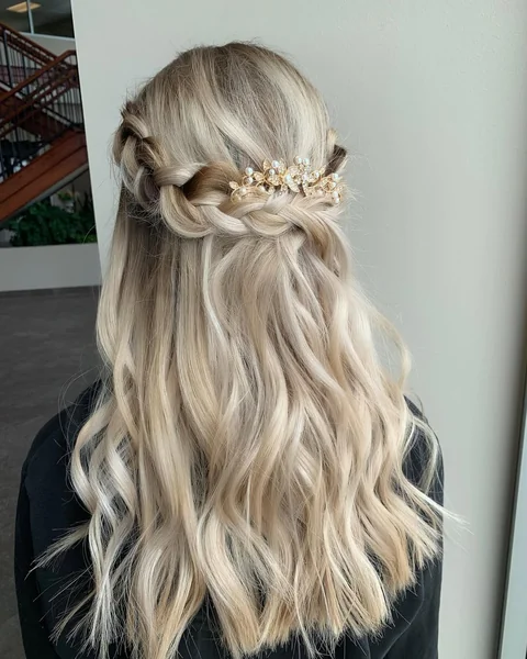 Dreamy Braided Crown Half-Up with Gold Floral Accent