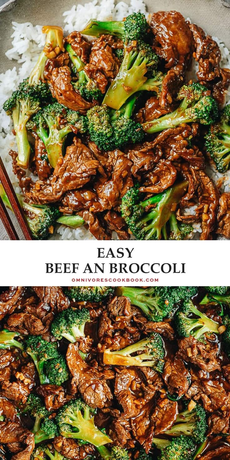 This may contain: beef and broccoli stir fry on top of white rice with chopsticks