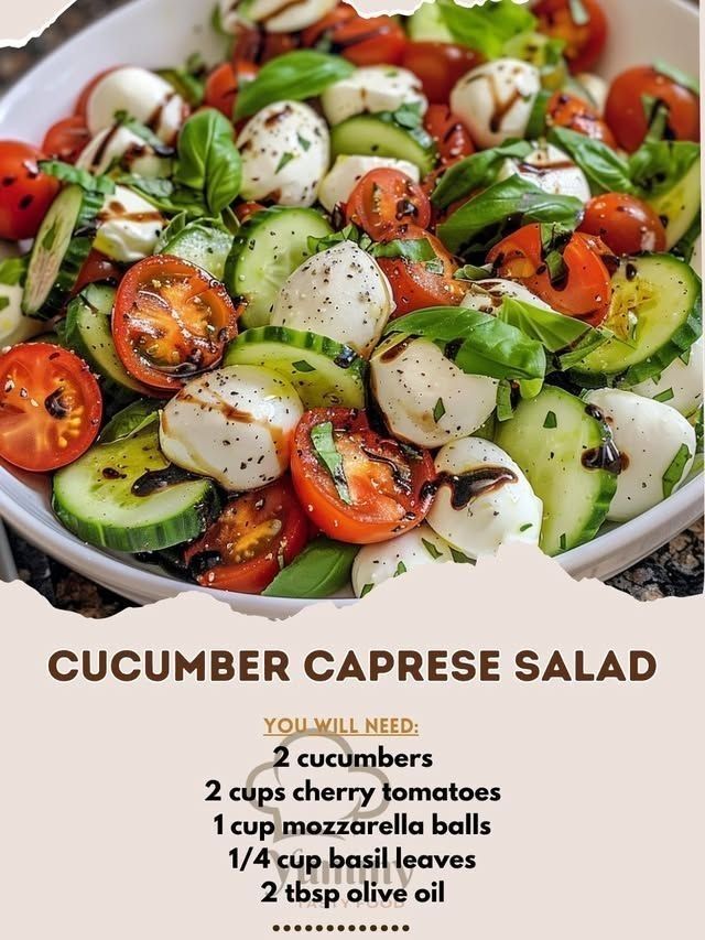 This may contain: a salad with cucumber and tomatoes is shown in the middle of this poster