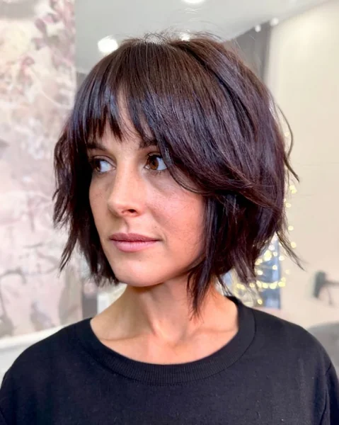 Edgy Shaggy Brown Bob with Full Fringe